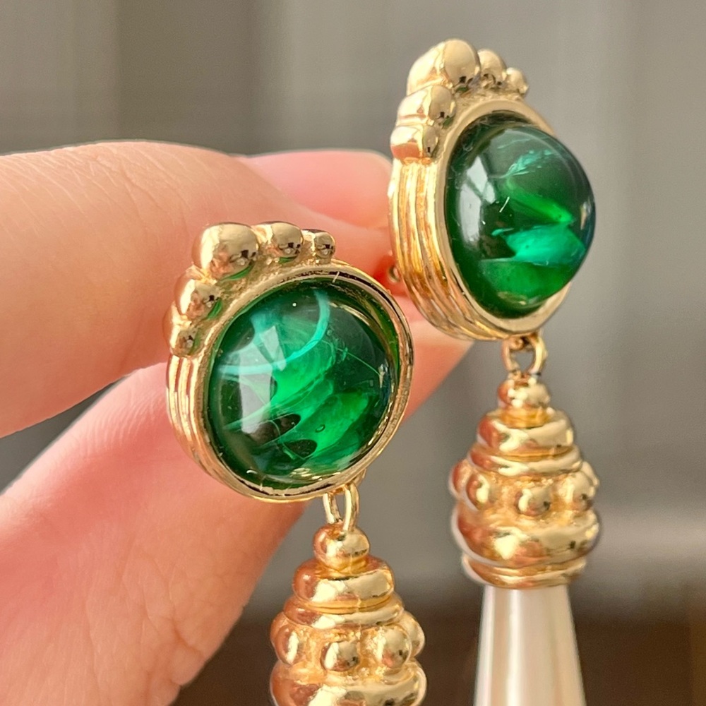 Vintage Christian Dior Green Swirly Glass Long Teardrop Pearl Dangle Earrings - Picture 11 of 14